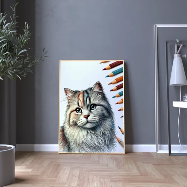 Colorized pencil sketch cat portrait mockup A4 printable custom artwork