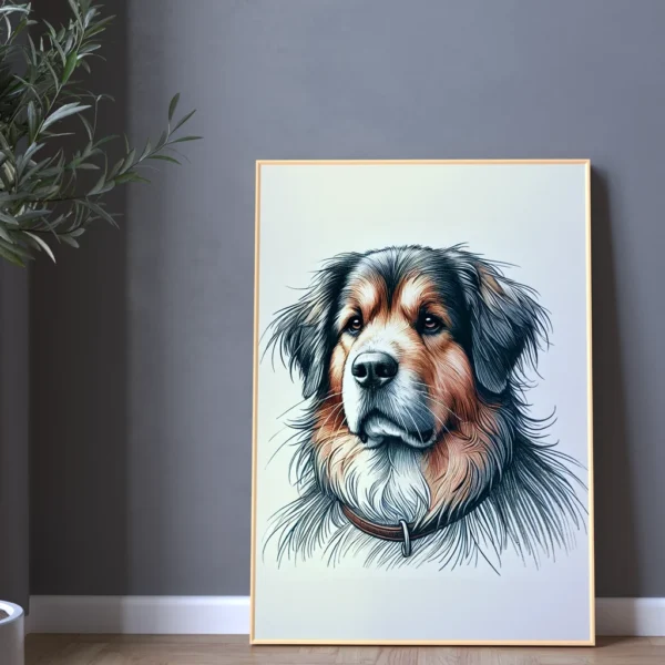 Colorized pencil sketch dog portrait mockup A4 printable custom artwork
