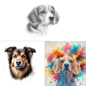 Exclusive Pet Portrait Bundle featuring Digital, Pencil Sketch, and Watercolor effects. A high-quality artistic pet portrait collection perfect for custom prints, gifts, and digital artwork.