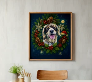Classic-Winter Pet Portrait – Cozy-Cabin-Wreath Style